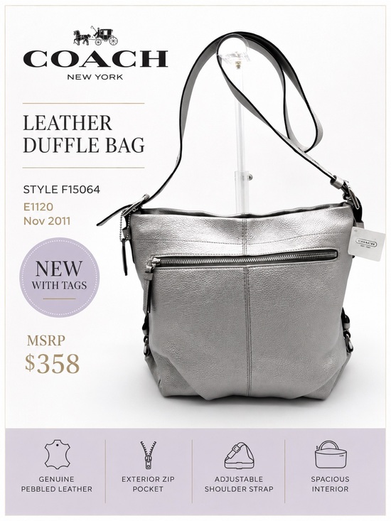 Coach Handbags - Coach Metallic Silver Pebbled Leather Duffle Shoulder Bag NWT